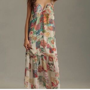 Anthropologie Floral Maxi Dress in Cream, Pink, Green